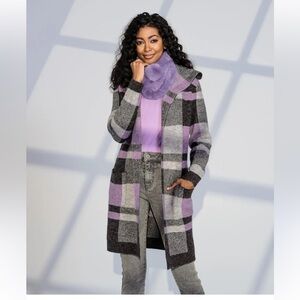 Alison Sheri Plaid open cardigan purple grey angora blend Sz L